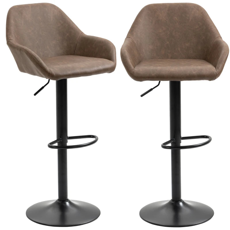 Set of 2 Height Adjustable Swivel Bar Stools with Backs, Armrests & Footrest - Dark Brown PU Leather Kitchen Seating