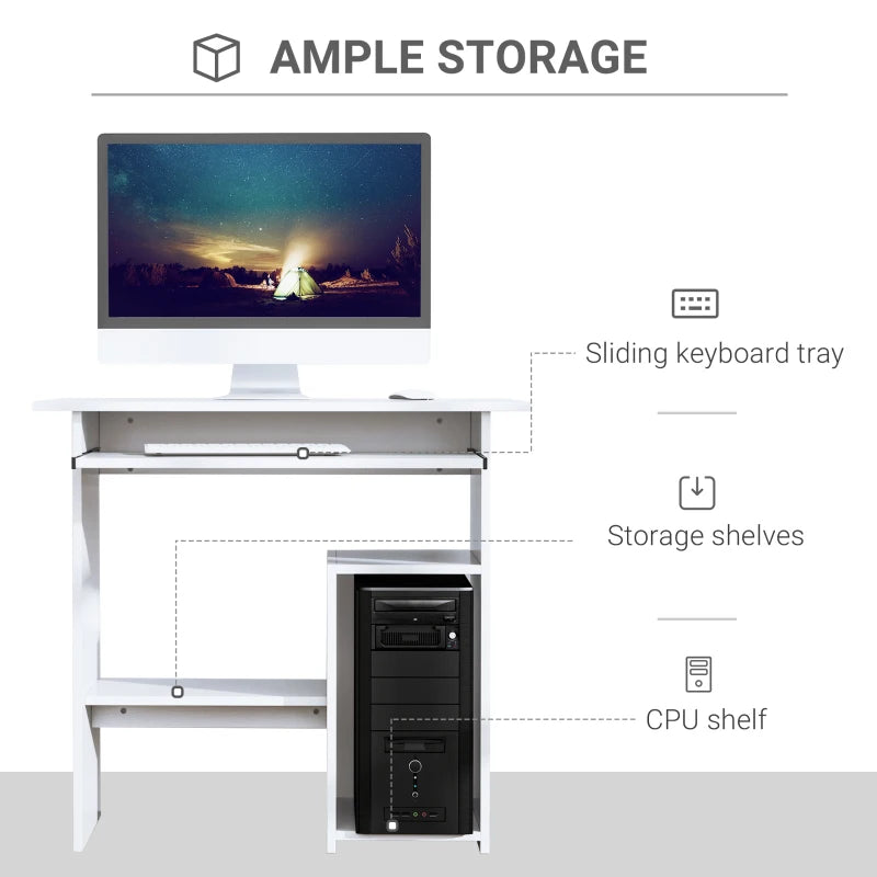 Compact Modern White Wooden Computer Desk with Keyboard Tray & Storage Shelf - Ideal Corner Table for Home Office