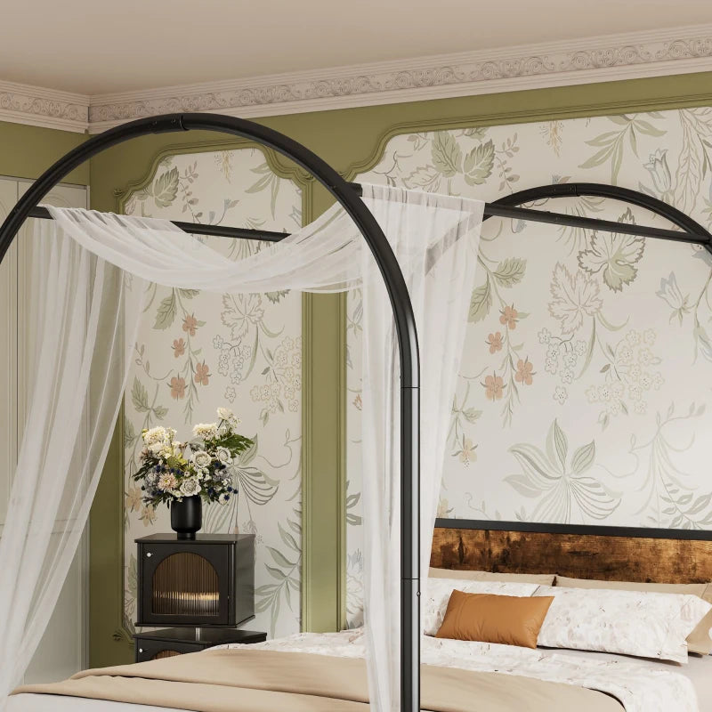 Durable Metal Canopy Bed Frame with Wood Headboard - Easy Self-Installation, Black, 195L x 90.5W x 192H cm