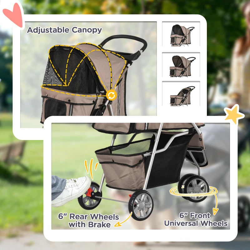3 Wheel Pet Stroller for Small & Miniature Dogs - Brown Lightweight Dog Carrier with Canopy & Storage