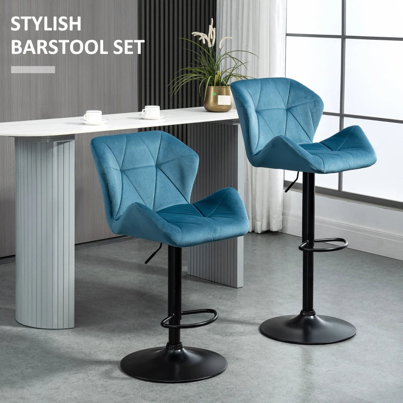Luxurious Velvet Bar Stools Set of 2 - Adjustable Height Swivel with Metal Frame, Round Base, Blue Triangle Design