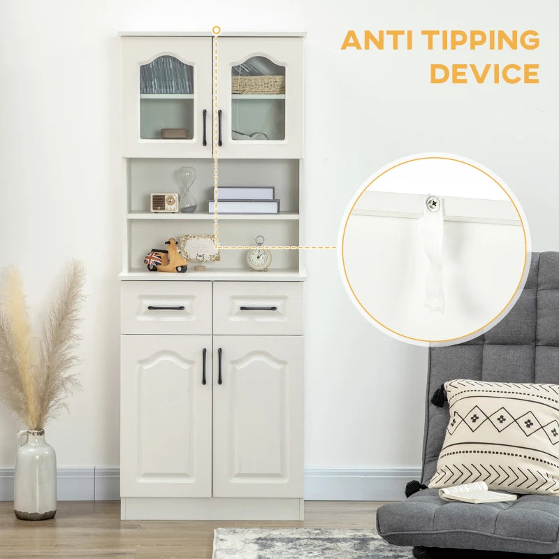 Freestanding Kitchen Cupboard Storage Cabinet - 168cm White with 2 Adjustable Shelves, 2 Drawers & Open Counter for Living Room/Dining Room