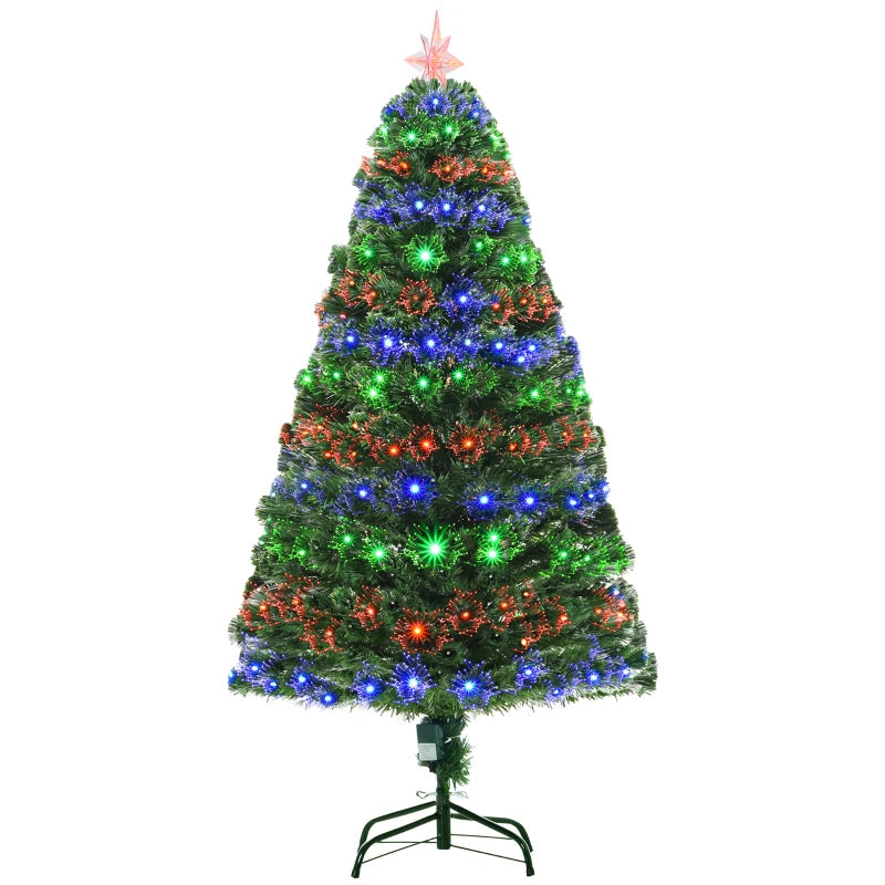 5ft Prelit Artificial Christmas Tree with Multi-Colored Fiber Optic LED Lights - Festive Holiday Home Decoration, Green Xmas Tree