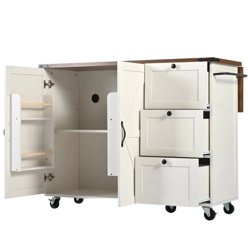 Elegant White Kitchen Island with Extendable Worktop & Smooth Wheels, Ample Storage Serving Cart, 140L x 45W x 92.5H cm