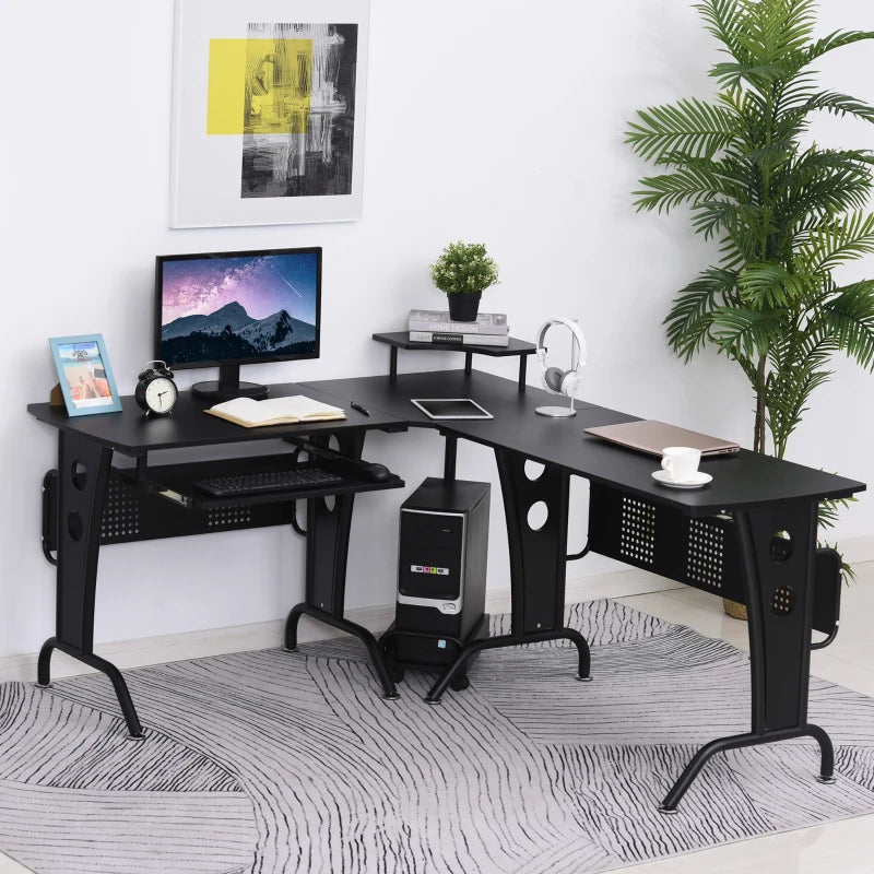 L-Shaped Gaming Desk with CPU Rack & Keyboard Tray - Space-Saving Steel Frame Home Office Desk, 165x145cm, Black