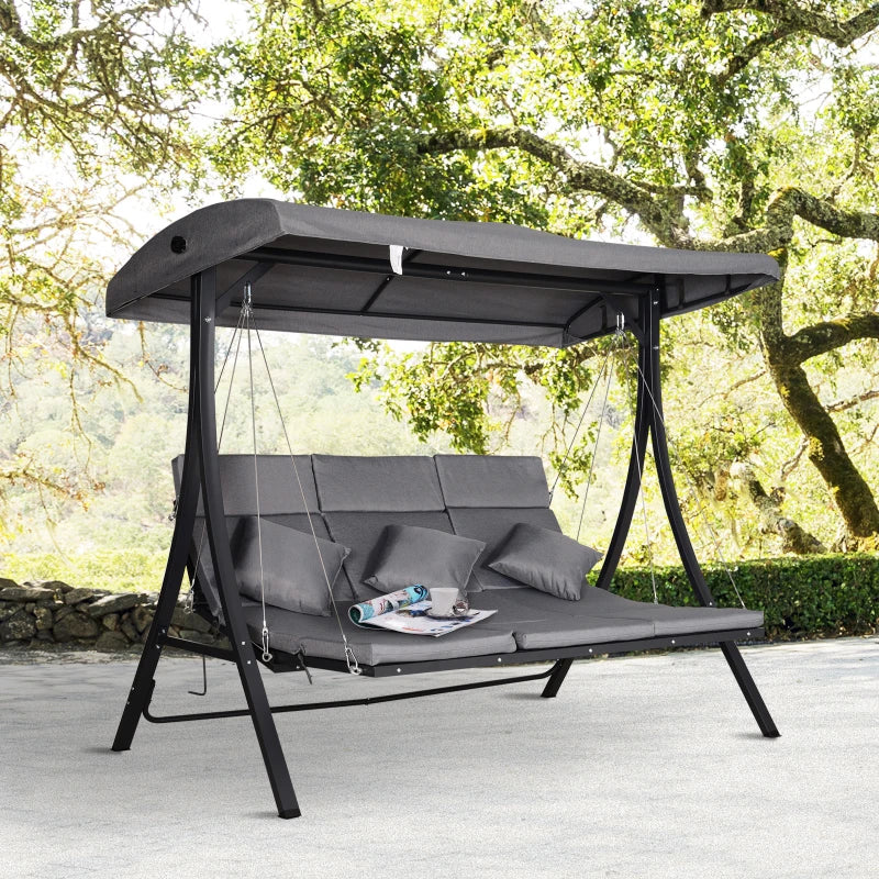 Grey Padded 3-Seater Outdoor Swing Hammock with Canopy