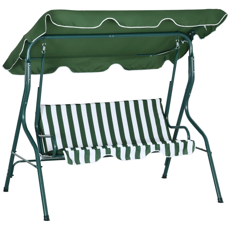 Green Striped 3-Seater Outdoor Swing Chair with Adjustable Canopy