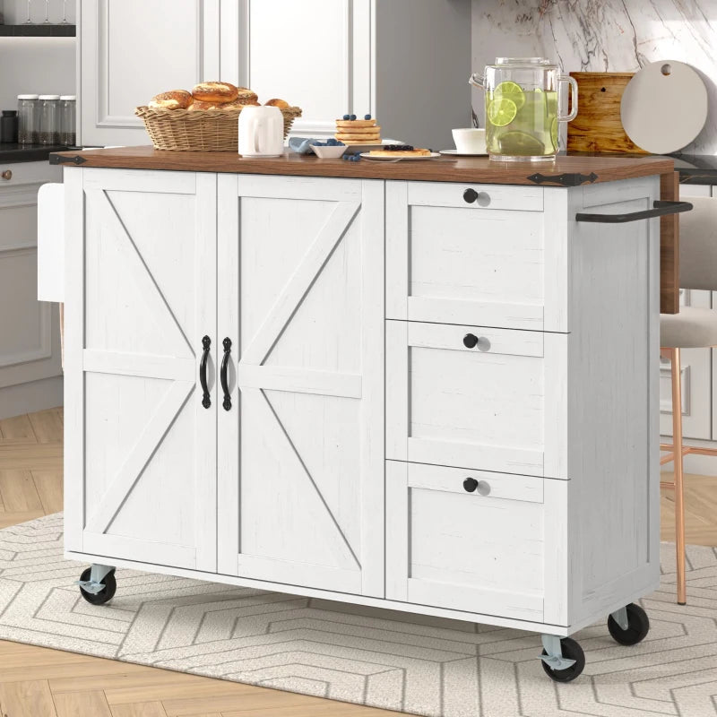 Elegant White Kitchen Island with Extendable Worktop & Smooth Wheels,