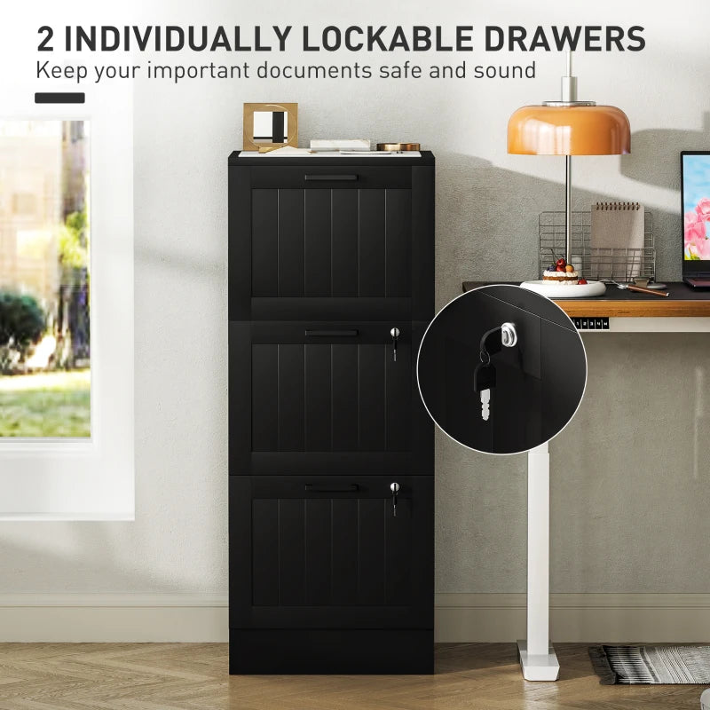 Secure 3 Drawer Filing Cabinet with Lock - Adjustable Hanging Bars for A4 Files - Stylish Black Office Storage Solution