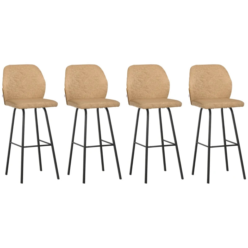 Set of 4 Linen-Touch Upholstered Bar Stools with Backs, Steel Legs - Light Brown Kitchen Chairs for Dining Room