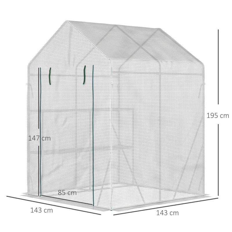 Portable Greenhouse with 2 Tier Shelf, Roll-Up Door, PE Cover - Green, 143x143x195cm