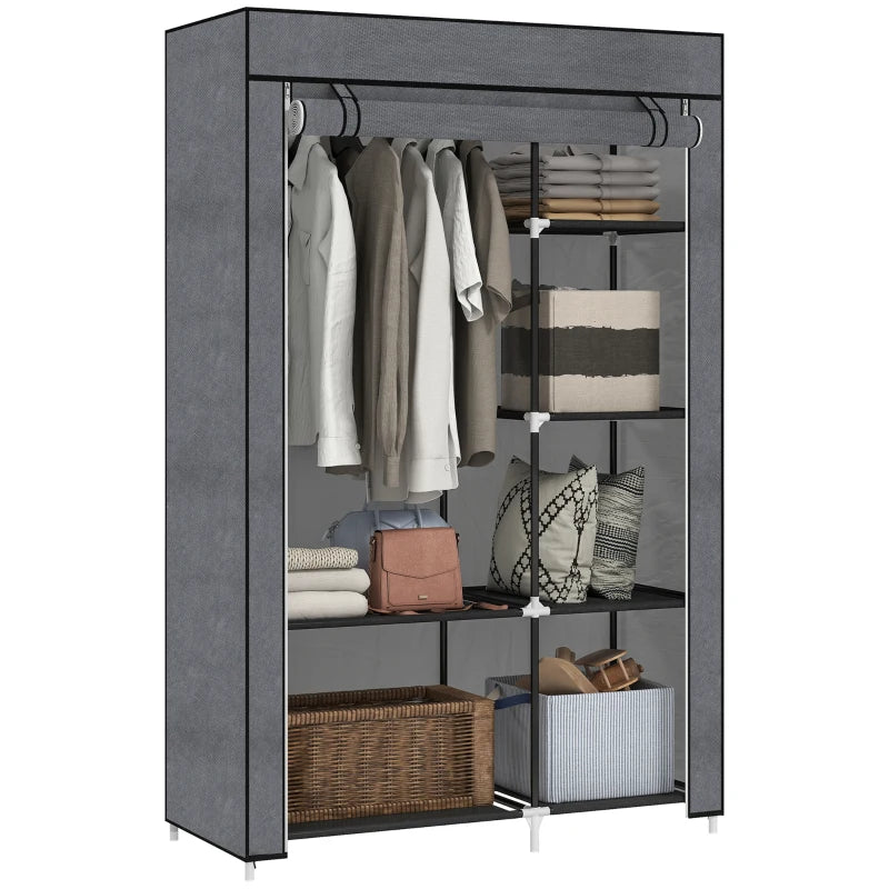 Dark Grey Six Shelf Fabric Wardrobe with Rail for Stylish Storage Solutions