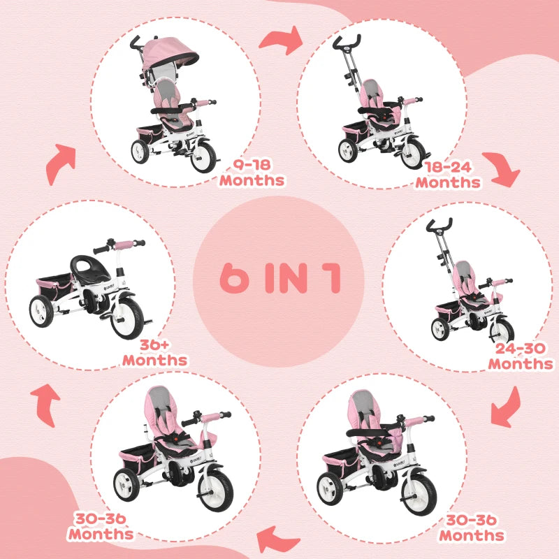6 in 1 Kids Trike Push Bike with Canopy Safety Belt Storage for Ages 1-5 Pink