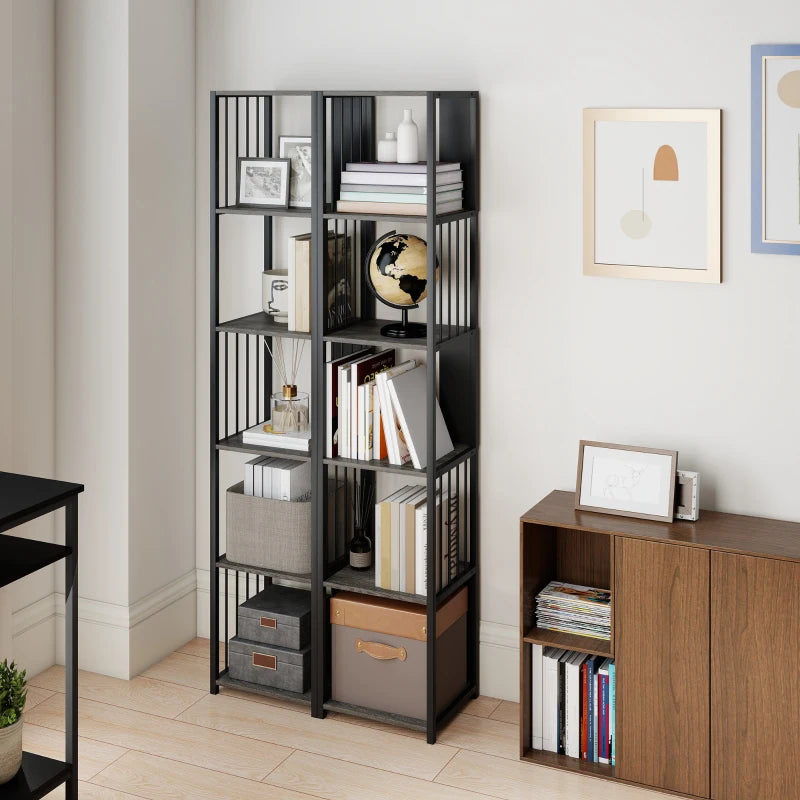 5-Tier Grey Bookshelf with Durable Steel Frame - Modern Storage Solution for Home or Office