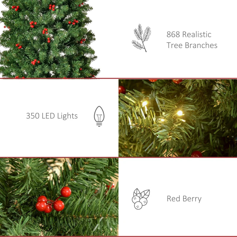 7FT Prelit Artificial Pencil Christmas Tree with Warm White LED Lights & Red Berries - Festive Holiday Home Decoration