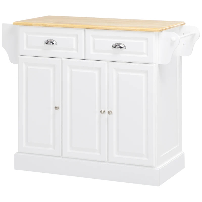 Rolling Kitchen Island Cart with Storage - Rubber Wood Top, Towel Rack & Drawer - White Serving Cart for Home