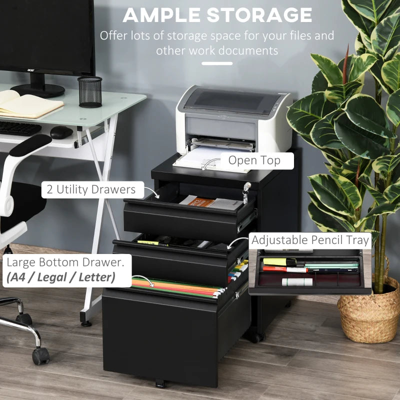 Vinsetto Mobile 3 Drawer Metal Filing Cabinet - Anti-Tilt Design for Letter, A4, Legal Size - Black Office Storage