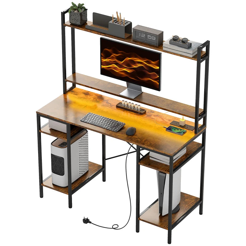 Rustic Brown Computer Desk with Power Outlets & LED Lights, Home Office Study Table, Monitor Stand & Storage Shelves