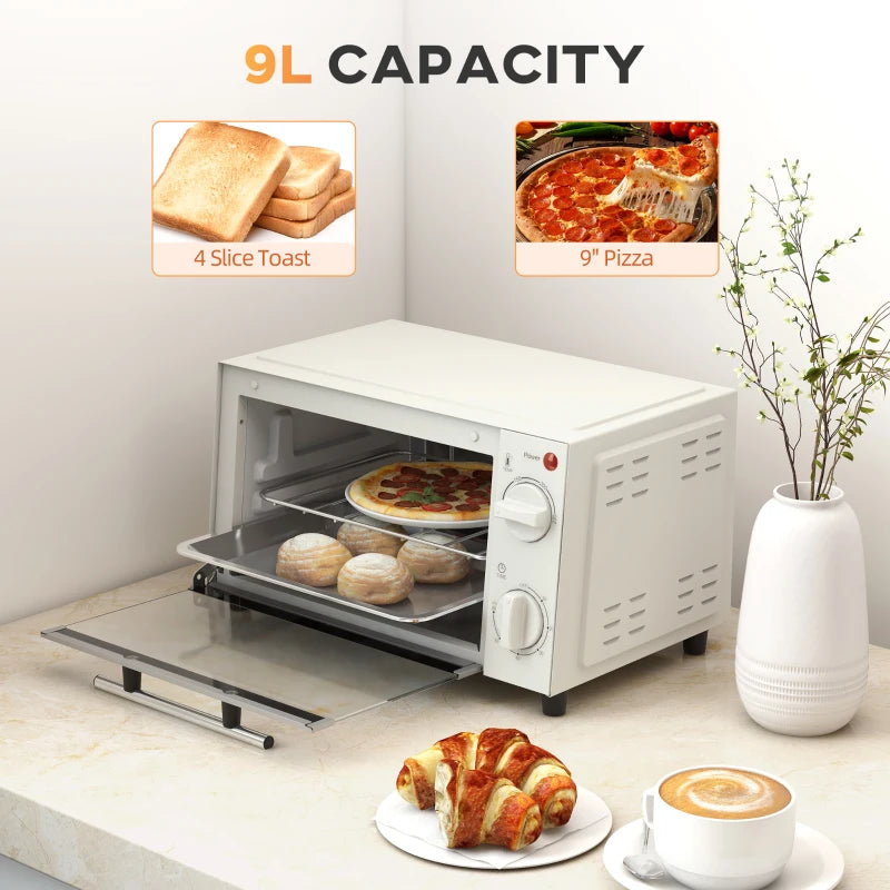 Compact 9L Mini Oven & Electric Grill - Adjustable Temp, Timer, Dishwasher Safe Tray, 750W, Cream Color - Perfect for Small Spaces