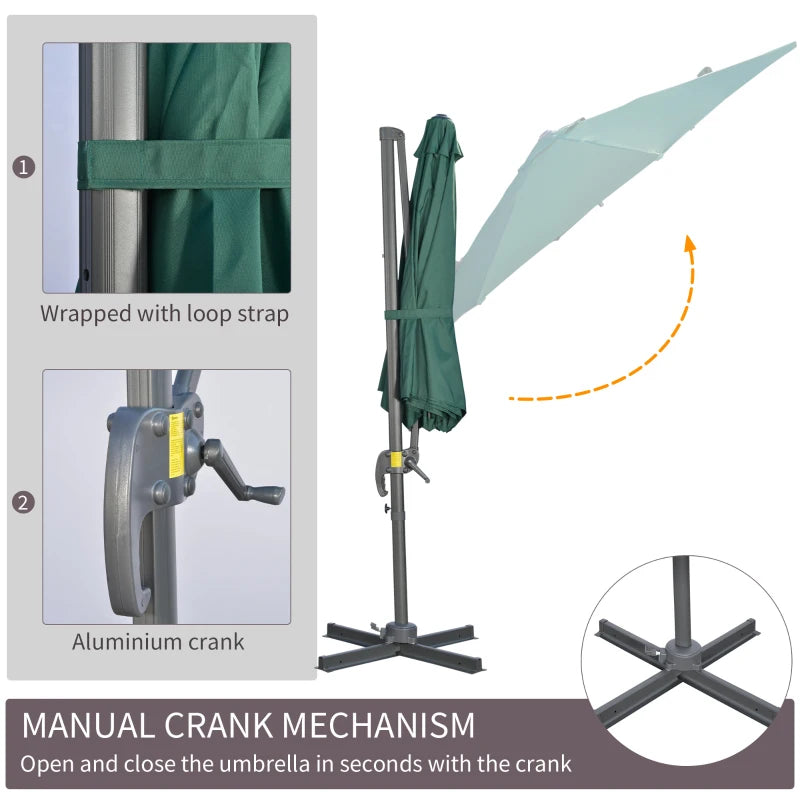 Green Cantilever Garden Umbrella with 360° Rotation, Crank Handle, and Tilt