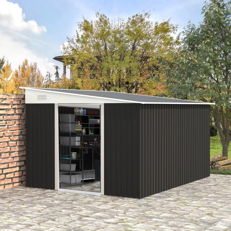 3.3 x 2.68m Black Corrugated Metal Garden Shed - Durable Outdoor Storage Solution