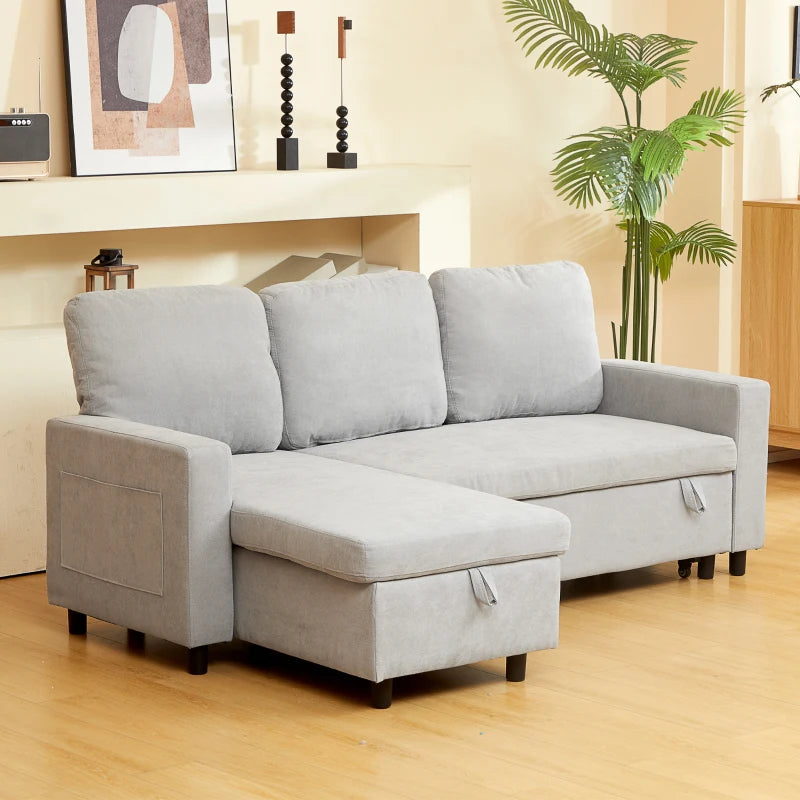 Light Grey L-Shaped Sofa Bed with Storage Solution for Small Spaces