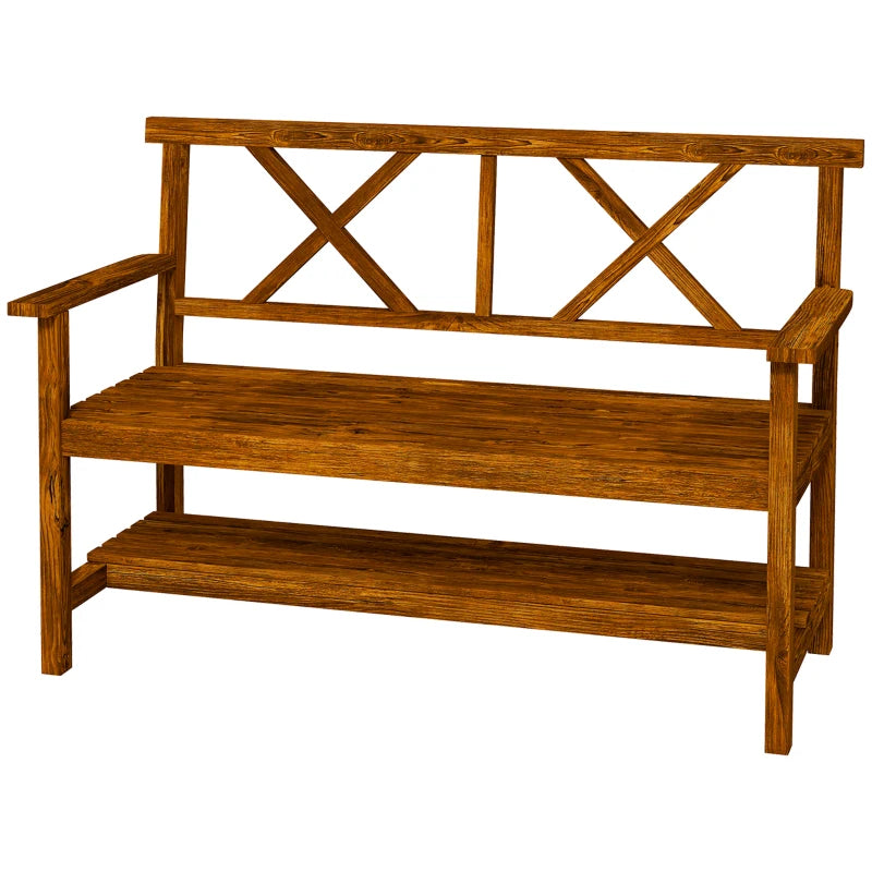 Natural Fir Wood Two-Seater Bench with Shelf