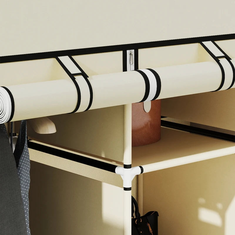 Stylish Cream White Fabric Wardrobe with Rails and Shelves for Organized Storage