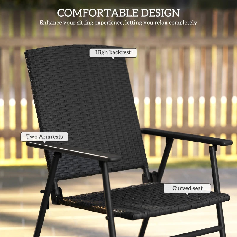 Set of 2 Black Folding Rattan Chairs - Stylish Outdoor Seating for Patio, Garden, and Balcony