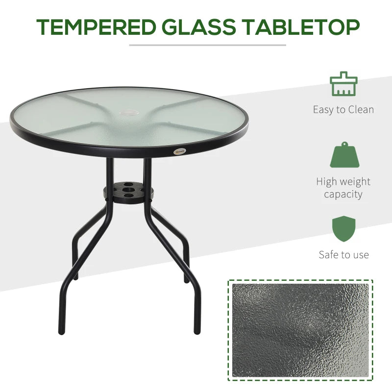 Round Outdoor Patio Table with Parasol Hole - 80cm, Tempered Glass Top, Black