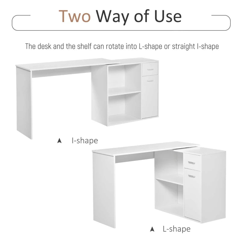 L-Shaped Corner Computer Desk with Storage Shelf & Drawer - Adjustable White Wood Grain Workstation for Home Office