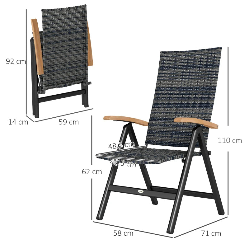 Folding Rattan Garden Dining Chair - 5-Level Reclining High Back, Wood Armrests, Outdoor Patio Furniture - Mixed Grey