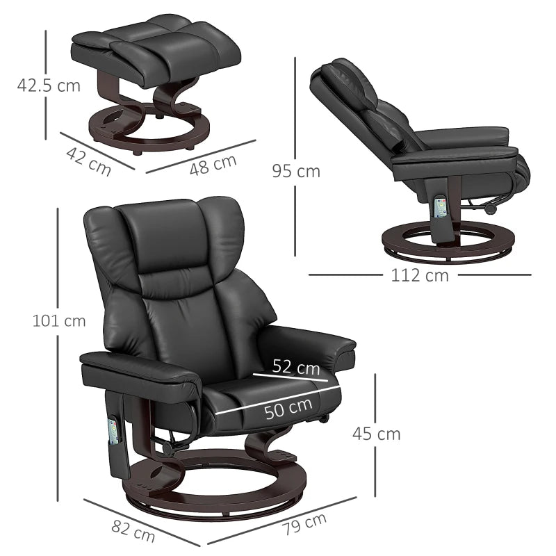 Upholstered Massage Recliner Chair with Footstool, Adjustable Backrest, Steel Frame, Swivel Armchair for Living Room and Bedroom, Black