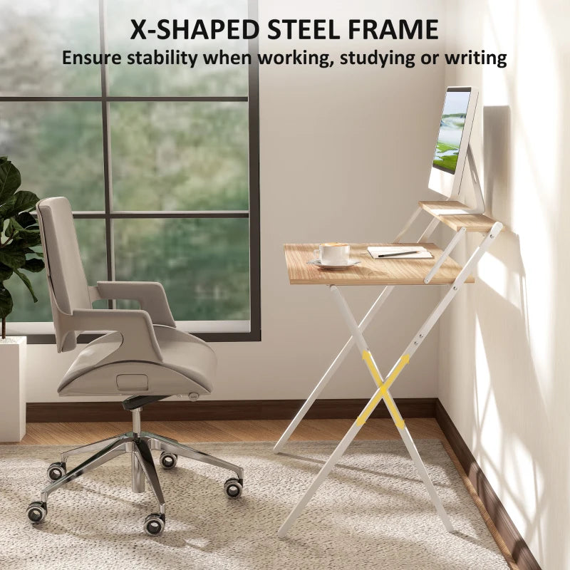 81.5 cm Folding Computer Desk with Monitor Shelf - Stylish Natural Wood Finish for Home Office & Study