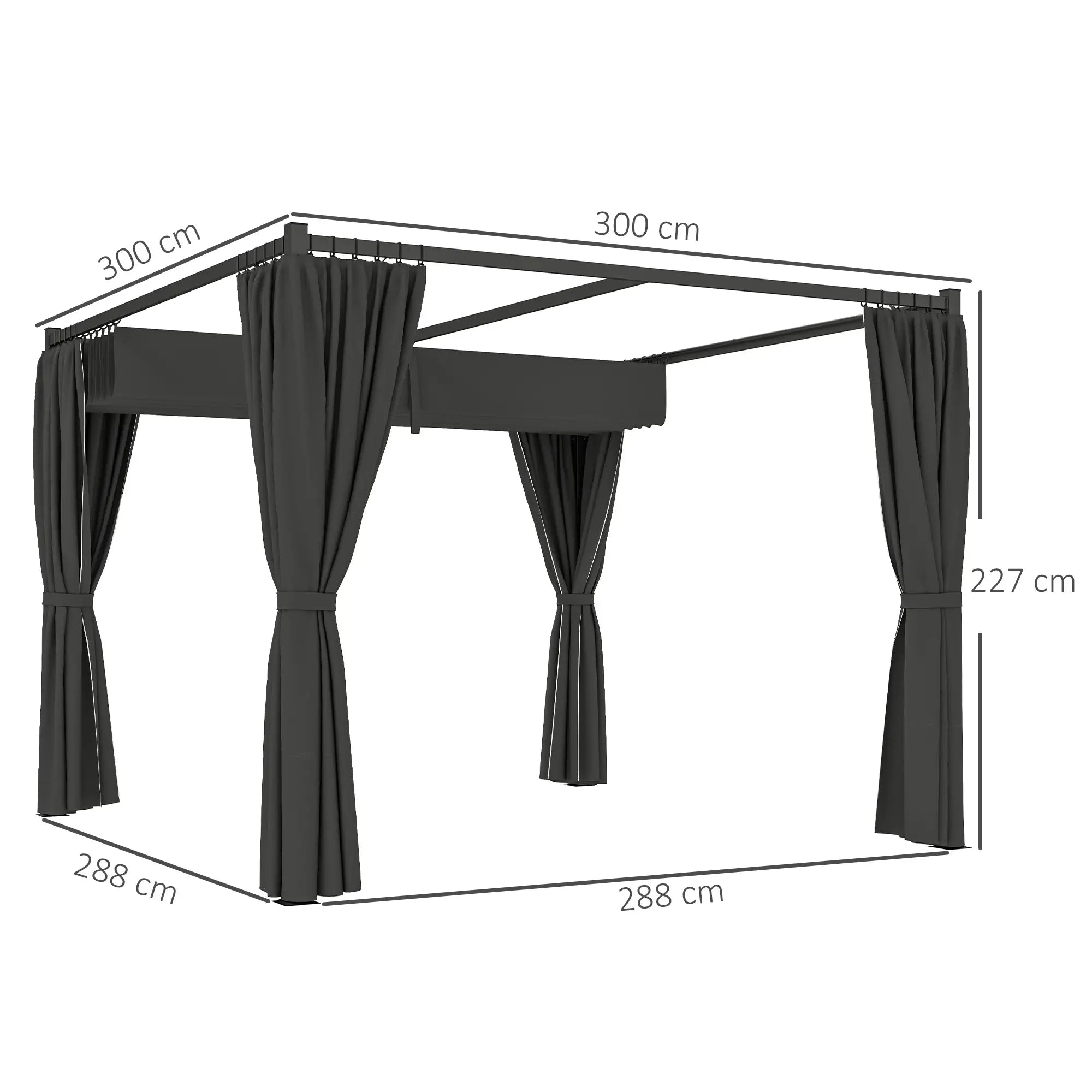 Charcoal 3m x 3m Retractable Pergola Shelter with Curtains - Perfect For patios