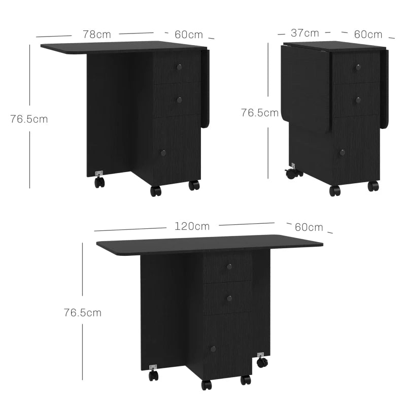 Multi-Storage Six-Person Drop Leaf Dining Table in Distressed Black Finish