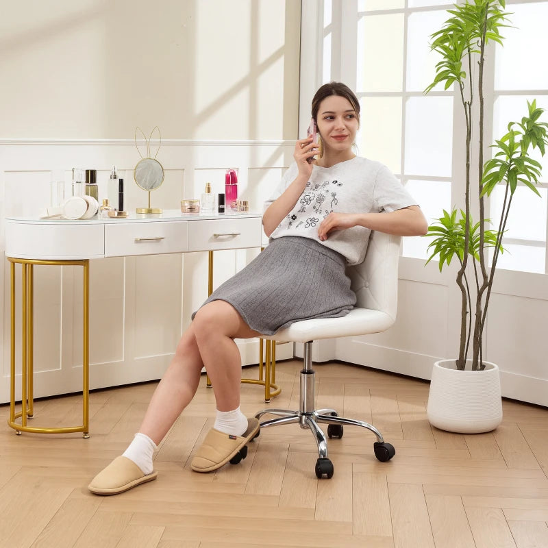Modern PU Leather Armless Office Chair - Adjustable Height Swivel Vanity Chair with Rolling Wheels for Home Study & Bedroom - White