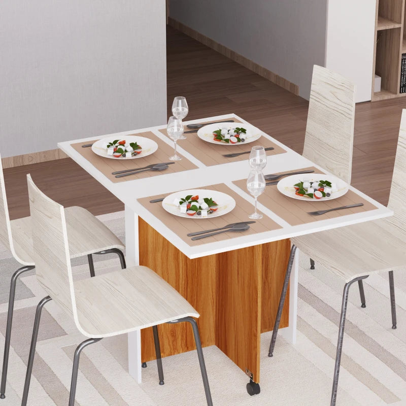 Folding Dining Table & Writing Desk Workstation on Casters - Teak & White Finish for Versatile Home Use