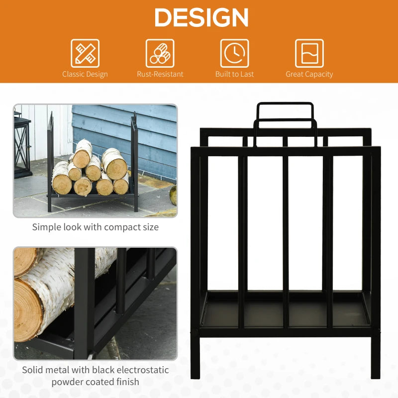 Metal Firewood Log Holder Rack - Indoor Outdoor Fireplace Wood Storage Shelf, Rust-Resistant, Black, 39L x 32.5W x 46H cm