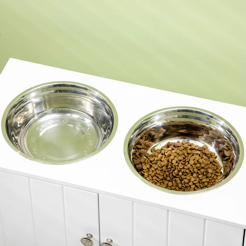 Elevate Your Pet's Dining: Stylish White Raised Feeder with Two Bowls & Convenient Storage