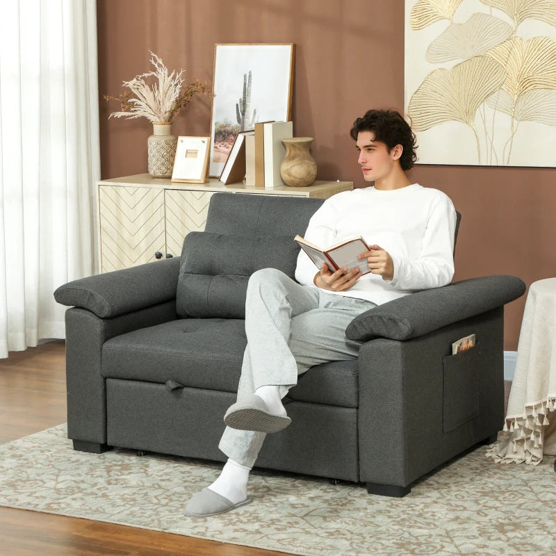 Fabric 2-Seater Click Clack Sofa Bed with Pocket Springs, Cushions and Side Pockets for Living Room, Charcoal Grey