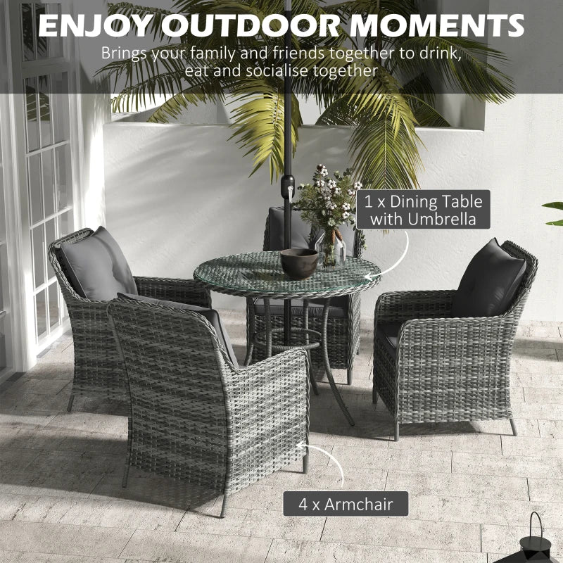 4 Seater Rattan Garden Dining Set with Umbrella and Cushions - Grey