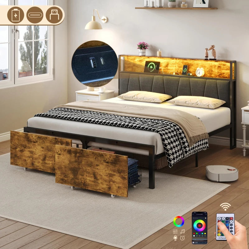 Stylish Black & Dark Walnut Double Bed Frame with Storage Drawers, RGB LED Headboard & Charging Station - 205L x 136W x 116H cm