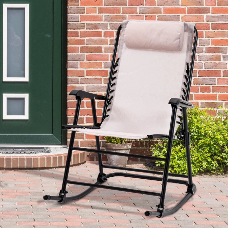 Beige Folding Rocking Outdoor Chair with Headrest