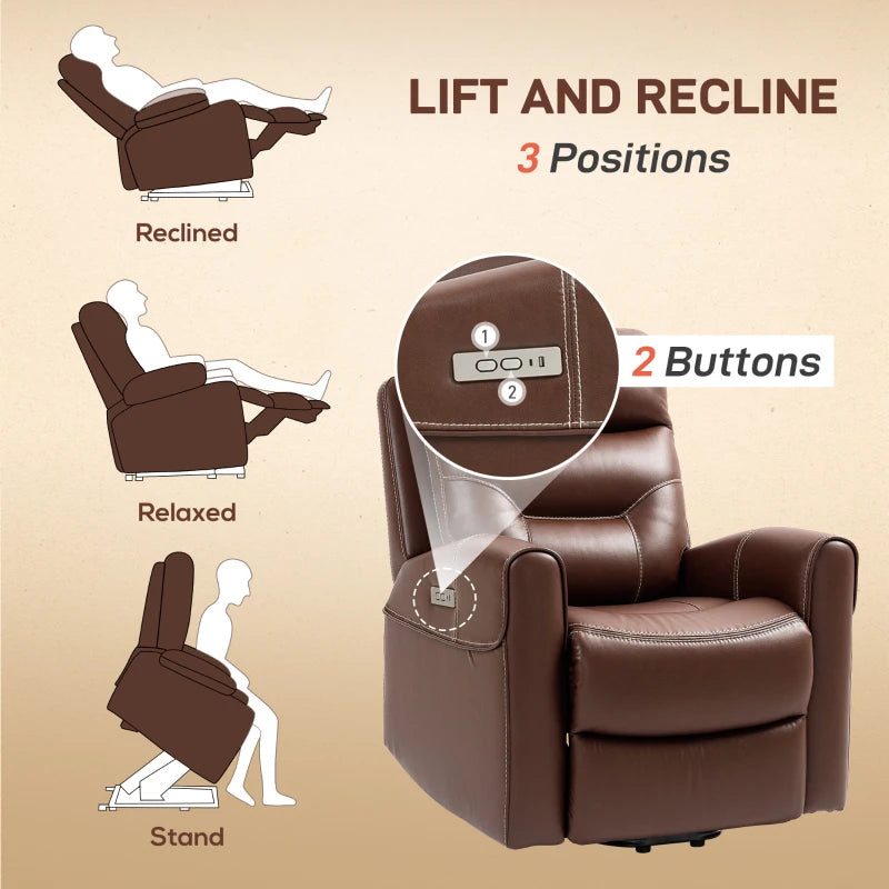 Overstuffed Faux Leather Power Lift Recliner Chair for Elderly with USB Ports and Remote Control, Brown