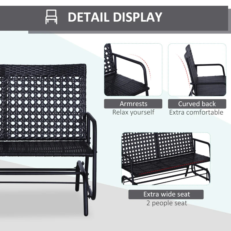 Black 2-Seater Rattan Glider Bench with Steel Frame