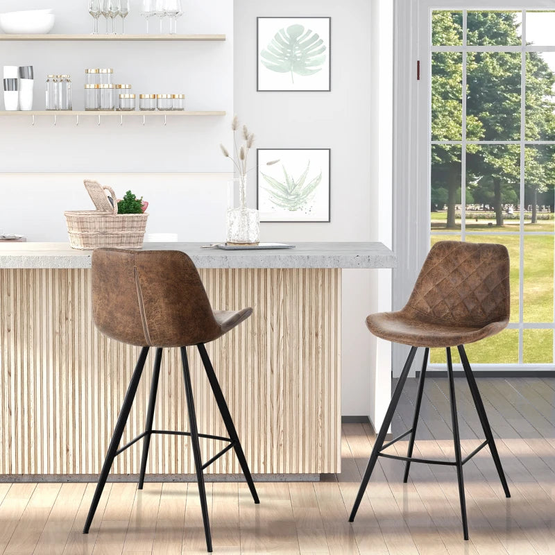 Set of 2 Vintage Microfiber Bar Stools - Comfortable Padded Tub Seats with Steel Frame & Footrest - Stylish Brown for Home & Cafe