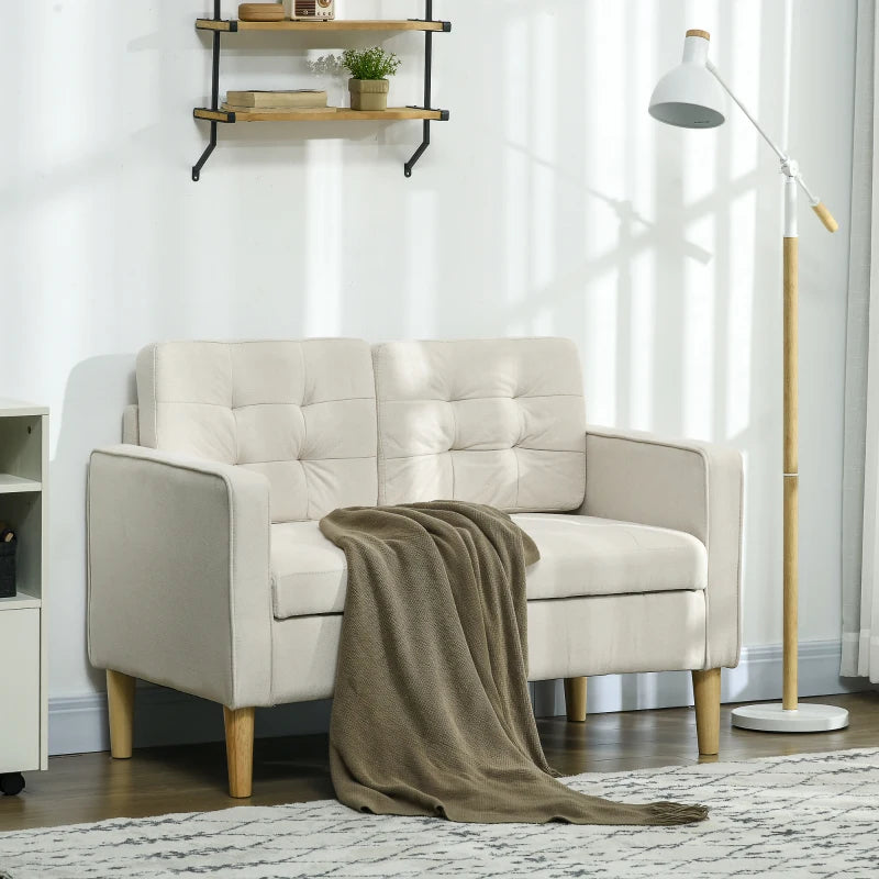 Compact Modern Loveseat Sofa with Hidden Storage, 117cm Tufted Cotton Couch, Cream White, Ideal for Small Spaces