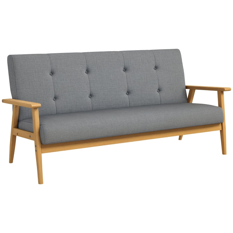 Modern 3-Seater Sofa in Dark Grey Linen Fabric with Tufted Design and Rubberwood Legs for Living Room