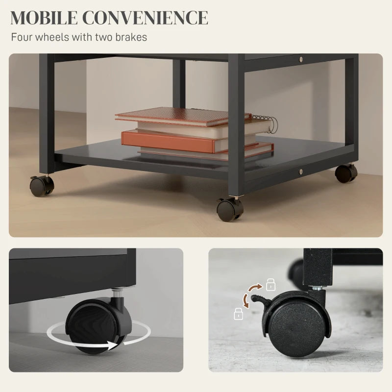 Three-Tier Black Steel Printer Stand on Wheels - Mobile Storage Solution for Home Office & Workspace